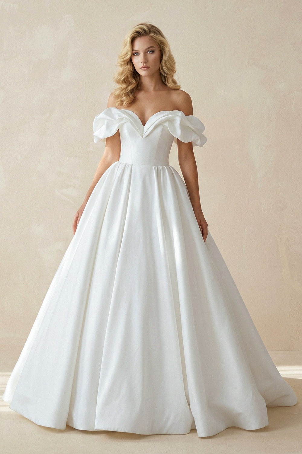 Off - the - Shoulder Satin Ball Gown Wedding Dress in White - SHE IS ME Wedding Dresses