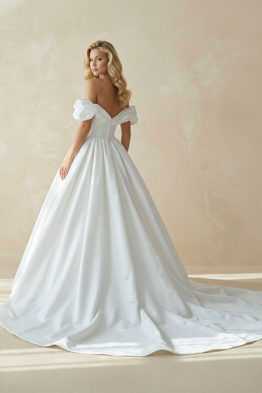 Off - the - Shoulder Satin Ball Gown Wedding Dress in White - SHE IS ME Wedding Dresses