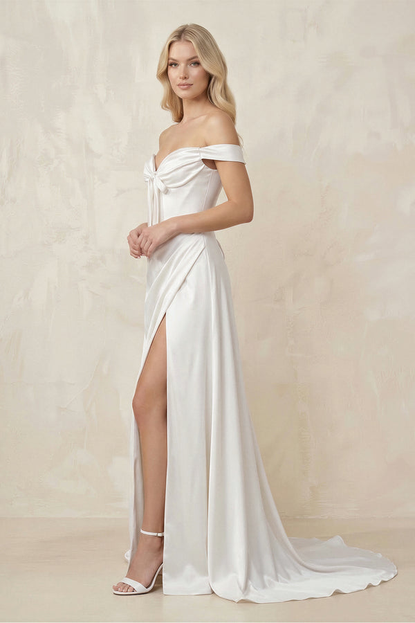 Off - the - Shoulder Satin Bow Ruched Wedding Dress with Slit in White - SHE IS ME Wedding Dresses