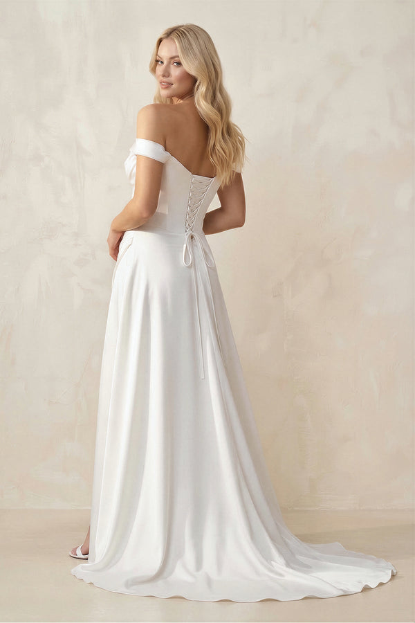 Off - the - Shoulder Satin Bow Ruched Wedding Dress with Slit in White - SHE IS ME Wedding Dresses
