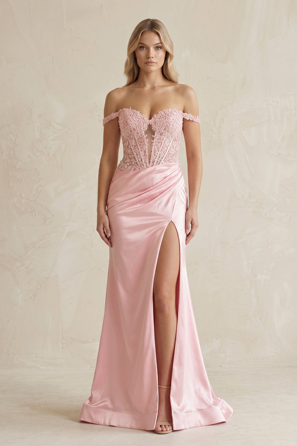 Off - the - Shoulder Satin Keyhole Prom Dresses With Slit in Pink - SHE IS ME Prom Dresses