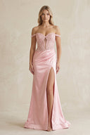 Off - the - Shoulder Satin Keyhole Prom Dresses With Slit in Pink - SHE IS ME Prom Dresses