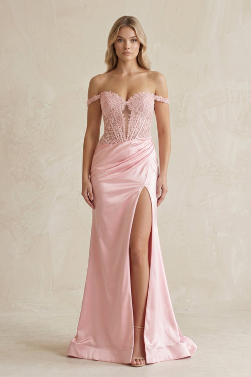 Off - the - Shoulder Satin Keyhole Prom Dresses With Slit in Pink - SHE IS ME Prom Dresses