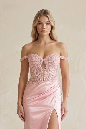 Off - the - Shoulder Satin Keyhole Prom Dresses With Slit in Pink - SHE IS ME Prom Dresses