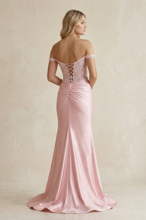 Off - the - Shoulder Satin Keyhole Prom Dresses With Slit in Pink - SHE IS ME Prom Dresses