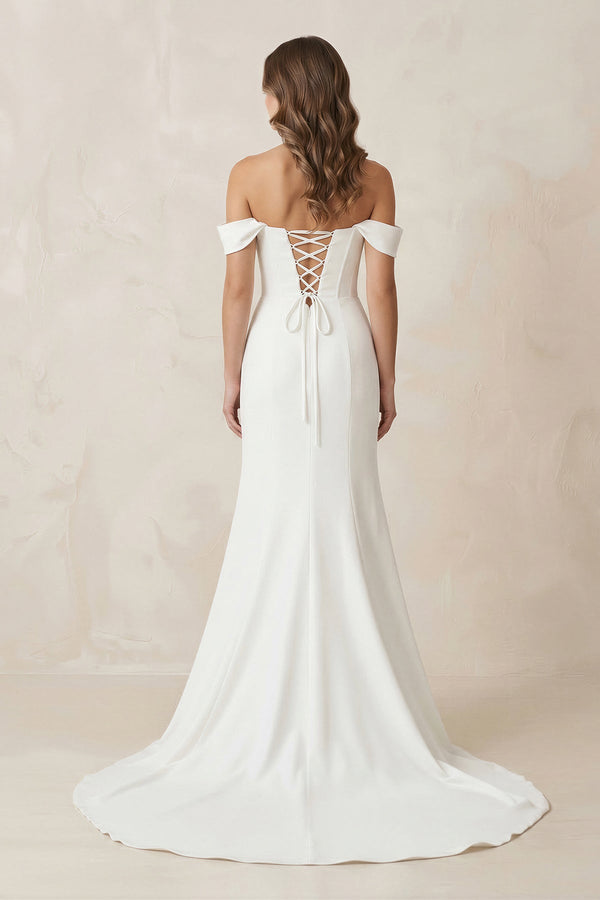 Off - the - Shoulder Satin Mermaid Corset Wedding Dress in White - SHE IS ME Wedding Dresses