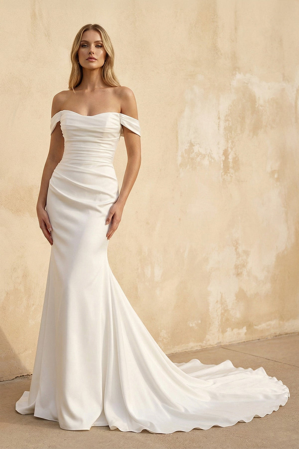 Off The Shoulder Satin Mermaid Wedding Dress - SHE IS ME Wedding Dresses