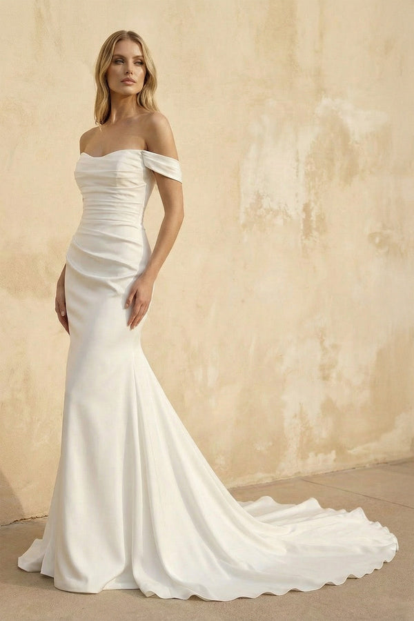 Off The Shoulder Satin Mermaid Wedding Dress - SHE IS ME Wedding Dresses
