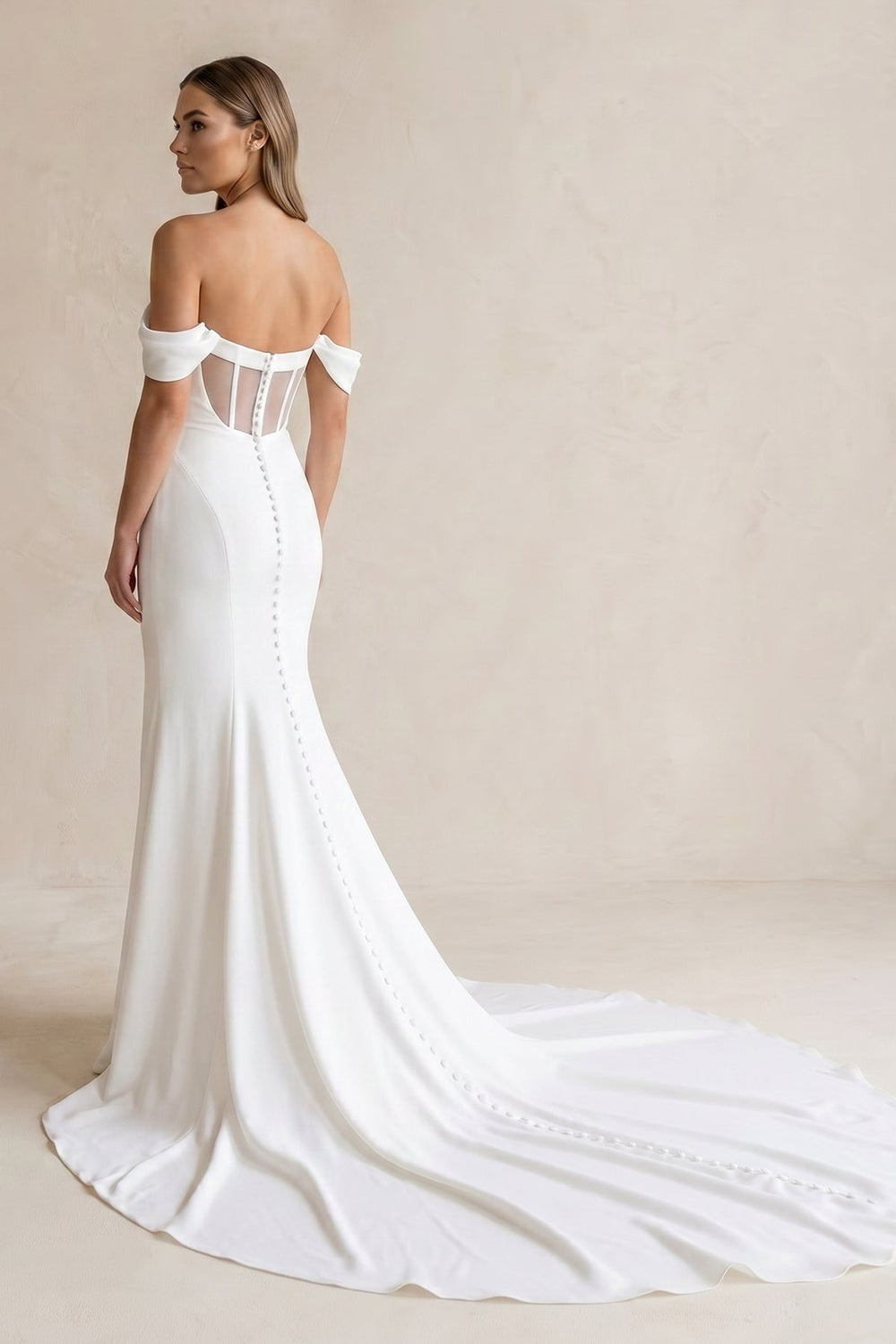 Off - the - Shoulder Satin Mermaid Wedding Dress in White - SHE IS ME Wedding Dresses