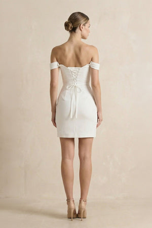 Off The Shoulder Satin Sheath Wedding Dress in Ivory - SHE IS ME Wedding Dresses