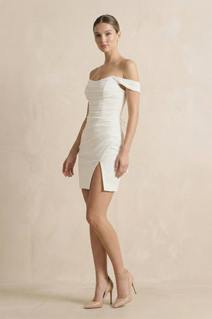 Off The Shoulder Satin Sheath Wedding Dress in Ivory - SHE IS ME Wedding Dresses