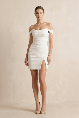 Off The Shoulder Satin Sheath Wedding Dress in Ivory - SHE IS ME Wedding Dresses