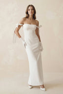 Off The Shoulder Satin Sheath Wedding Dress with Pearl in White - SHE IS ME Wedding Dresses