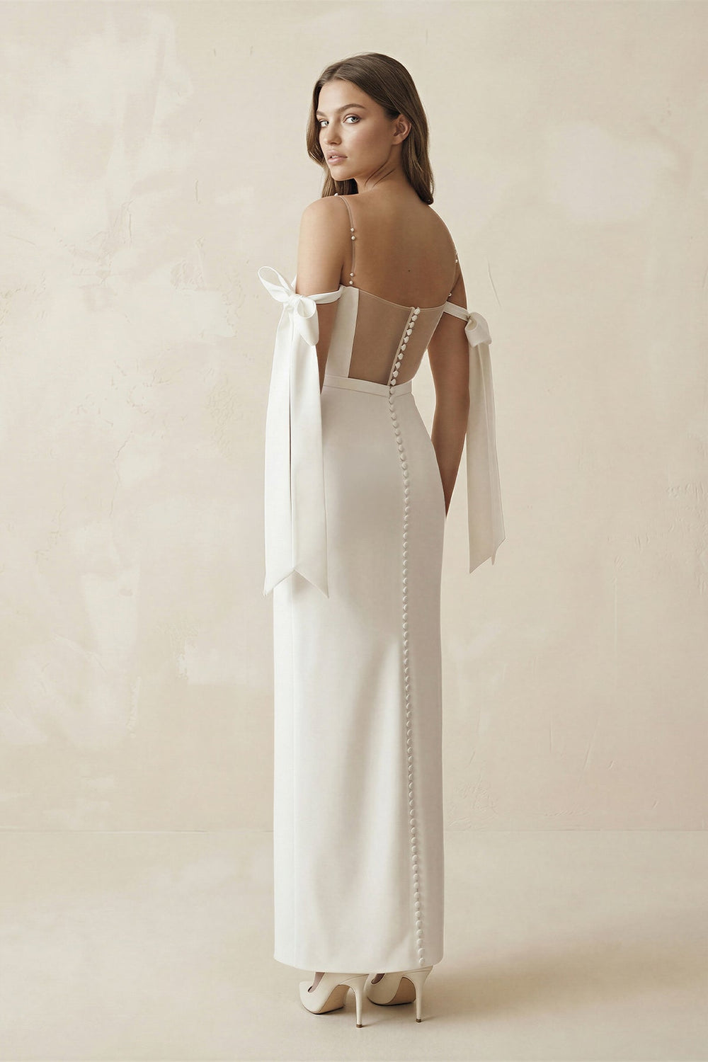 Off The Shoulder Satin Sheath Wedding Dress with Pearl in White - SHE IS ME Wedding Dresses