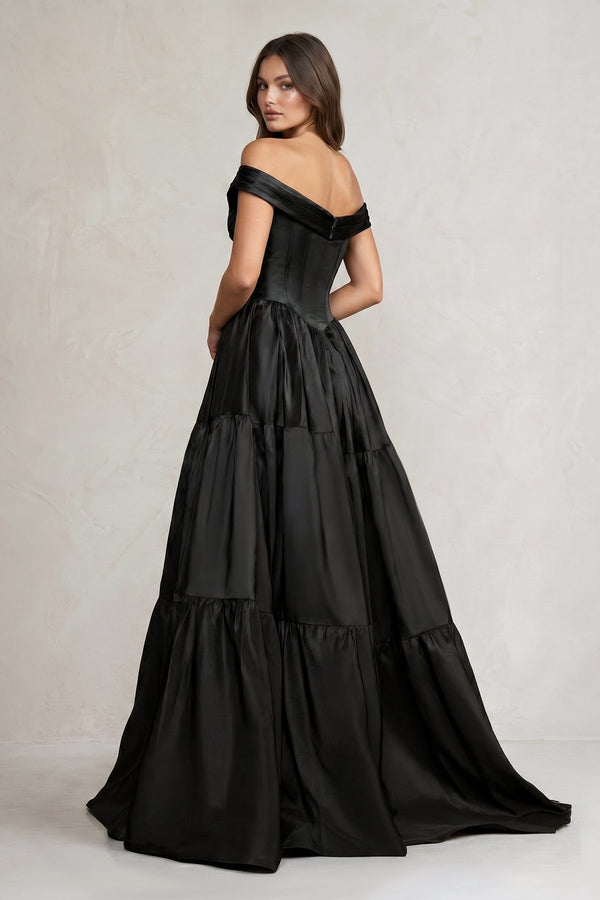 Off - the - Shoulder Satin Tiere Plunging Wedding Dress in Black - SHE IS ME Wedding Dresses