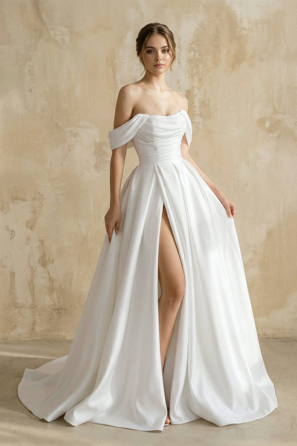 Off The Shoulder Satin Wedding Dress With Slit in White - SHE IS ME Wedding Dresses