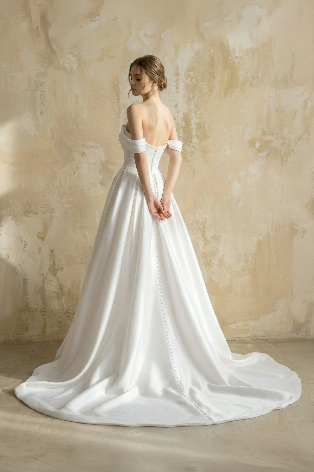 Off The Shoulder Satin Wedding Dress With Slit in White - SHE IS ME Wedding Dresses