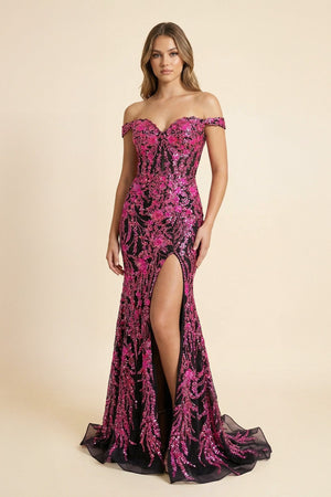 Off The Shoulder Sequined Maxi Dress With Slit in Black and Fuchsia - SHE IS ME PROM DRESSES