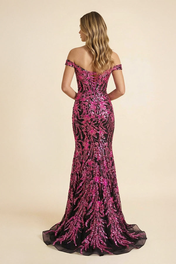 Off The Shoulder Sequined Maxi Dress With Slit in Black and Fuchsia - SHE IS ME PROM DRESSES