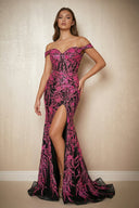 Off The Shoulder Sequined Maxi Dress With Slit in Black and Fuchsia - SHE IS ME PROM DRESSES