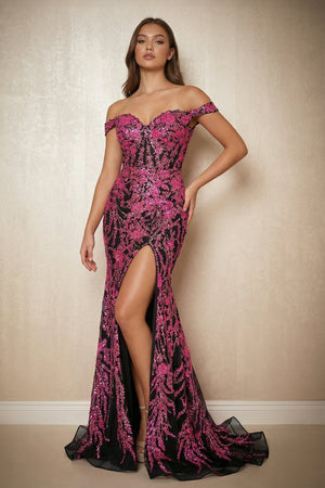 Off The Shoulder Sequined Maxi Dress With Slit in Black and Fuchsia - SHE IS ME PROM DRESSES