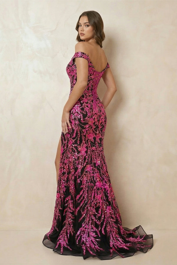 Off The Shoulder Sequined Maxi Dress With Slit in Black and Fuchsia - SHE IS ME PROM DRESSES