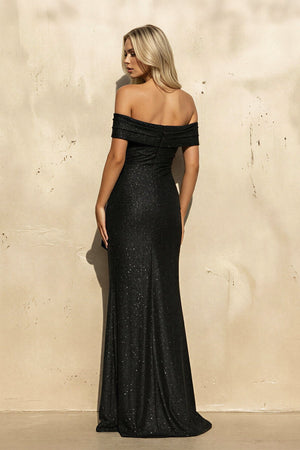 Off The Shoulder Sequins Maxi Dress With Slit in Black - SHE IS ME PROM DRESSES