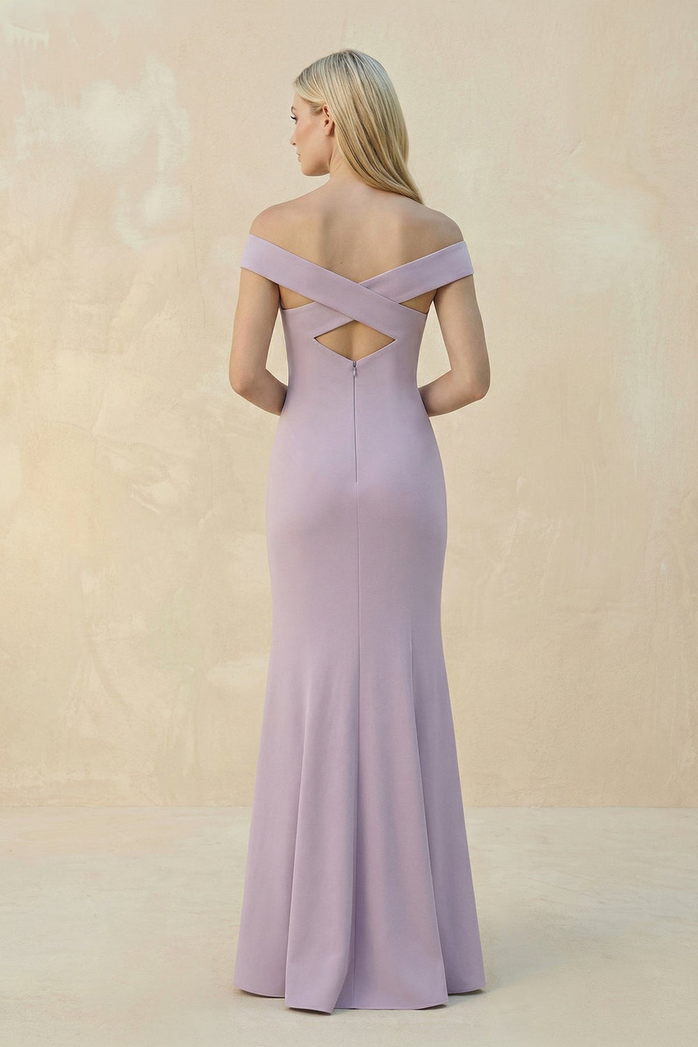 Off - the - Shoulder Sheath Matte Satin Bridesmaid Dress in Lavender Grey - SHE IS ME Bridesmaid Dresses