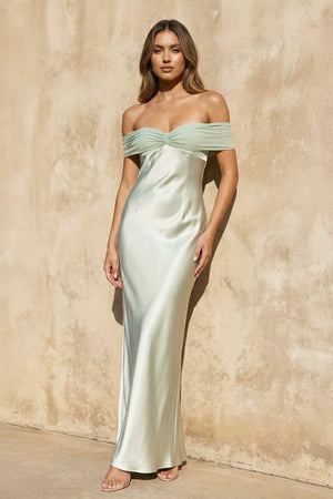 Off The Shoulder Sheath Maxi Dress in Mint Green - SHE IS ME