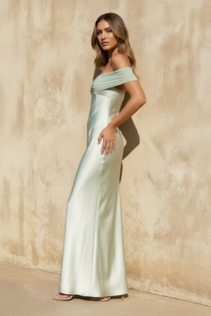 Off The Shoulder Sheath Maxi Dress in Mint Green - SHE IS ME
