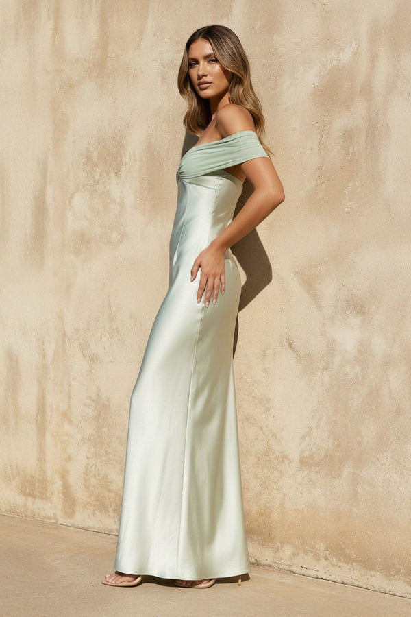 Off The Shoulder Sheath Maxi Dress in Mint Green - SHE IS ME