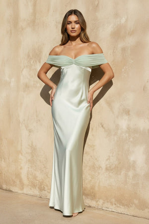 Off The Shoulder Sheath Maxi Dress in Mint Green - SHE IS ME