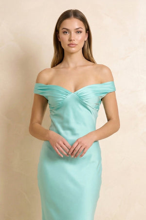 Off The Shoulder Sheath Open Back Maxi Dress in Aqua - SHE IS ME PROM DRESSES