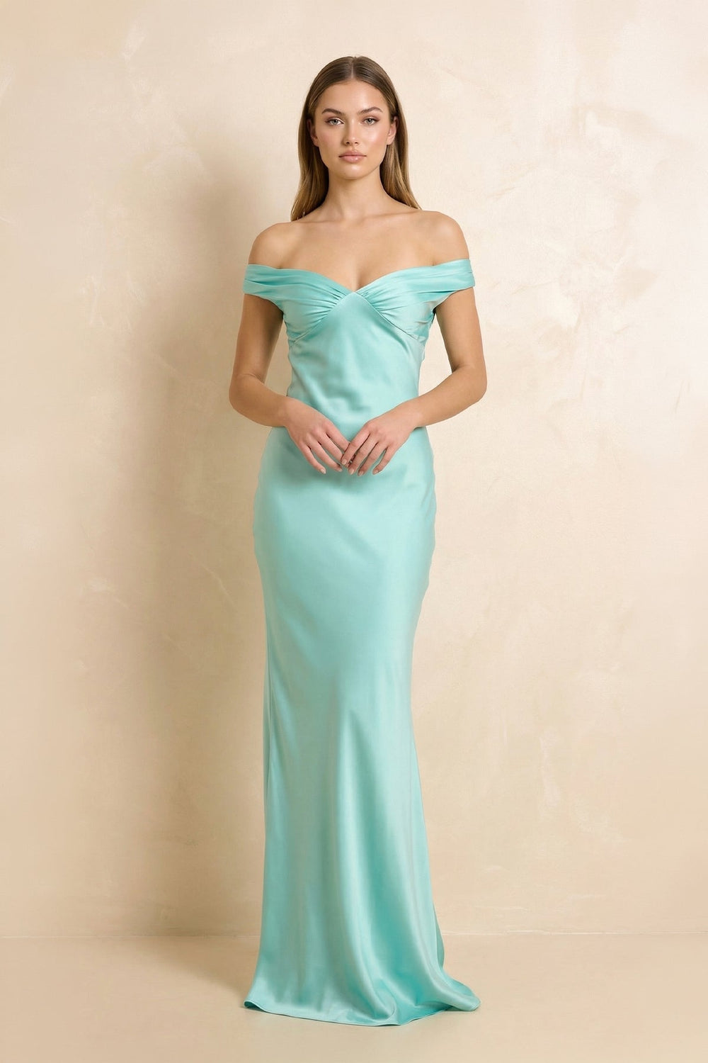 Off The Shoulder Sheath Open Back Maxi Dress in Aqua - SHE IS ME PROM DRESSES