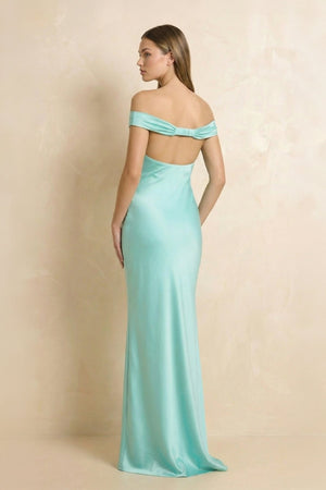 Off The Shoulder Sheath Open Back Maxi Dress in Aqua - SHE IS ME PROM DRESSES