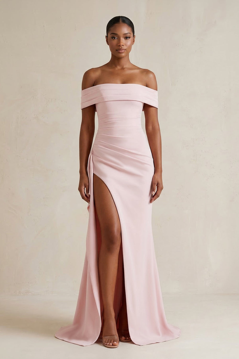 Off - the - Shoulder Sheath Ruched Long Prom Dress With Slit in Pink - SHE IS ME Prom Dresses