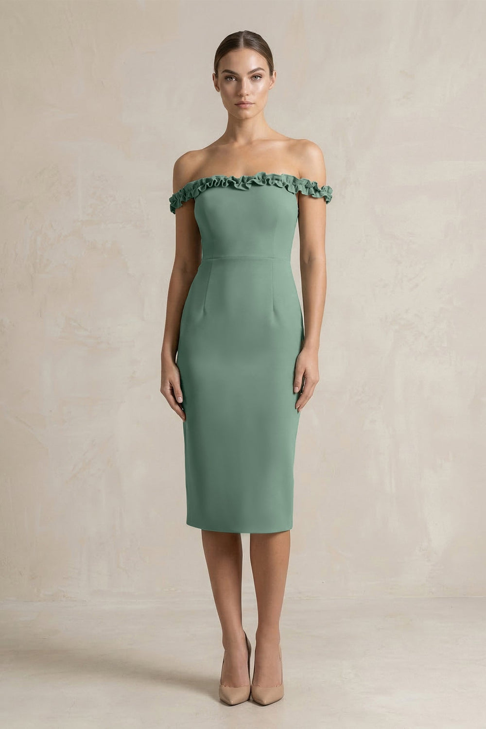 Off - the - Shoulder Sheath Ruffled Midi Bridesmaid Dress in Sea Glass - SHE IS ME Bridesmaid Dresses