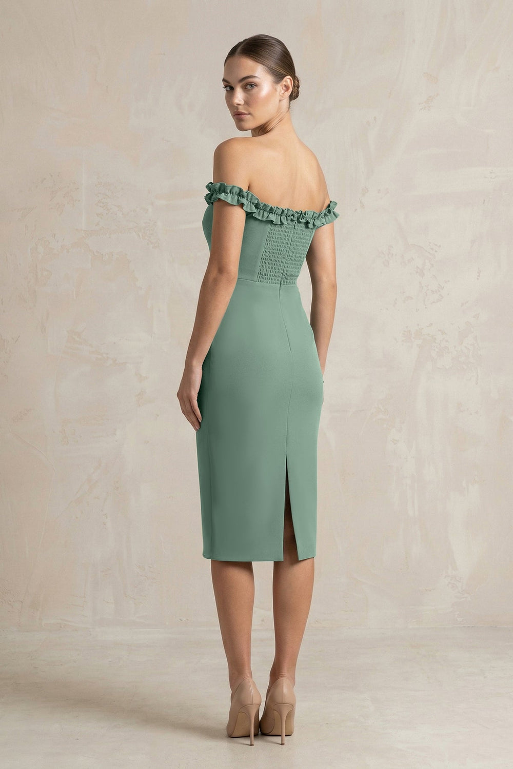Off - the - Shoulder Sheath Ruffled Midi Bridesmaid Dress in Sea Glass - SHE IS ME Bridesmaid Dresses