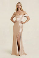 Off-the-Shoulder Sheath Satin Bridesmaid Dress with Slit in Golden Champagne - SHE IS ME BRIDESMAID DRESSES