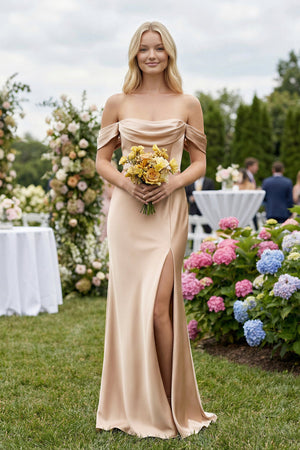 Off-the-Shoulder Sheath Satin Bridesmaid Dress with Slit in Golden Champagne - SHE IS ME BRIDESMAID DRESSES
