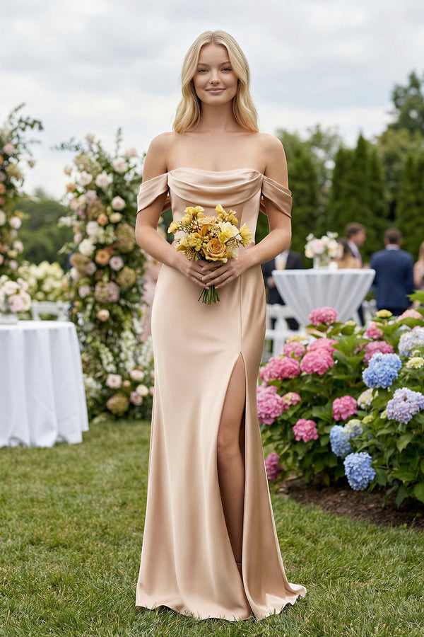 Off-the-Shoulder Sheath Satin Bridesmaid Dress with Slit in Golden Champagne - SHE IS ME BRIDESMAID DRESSES