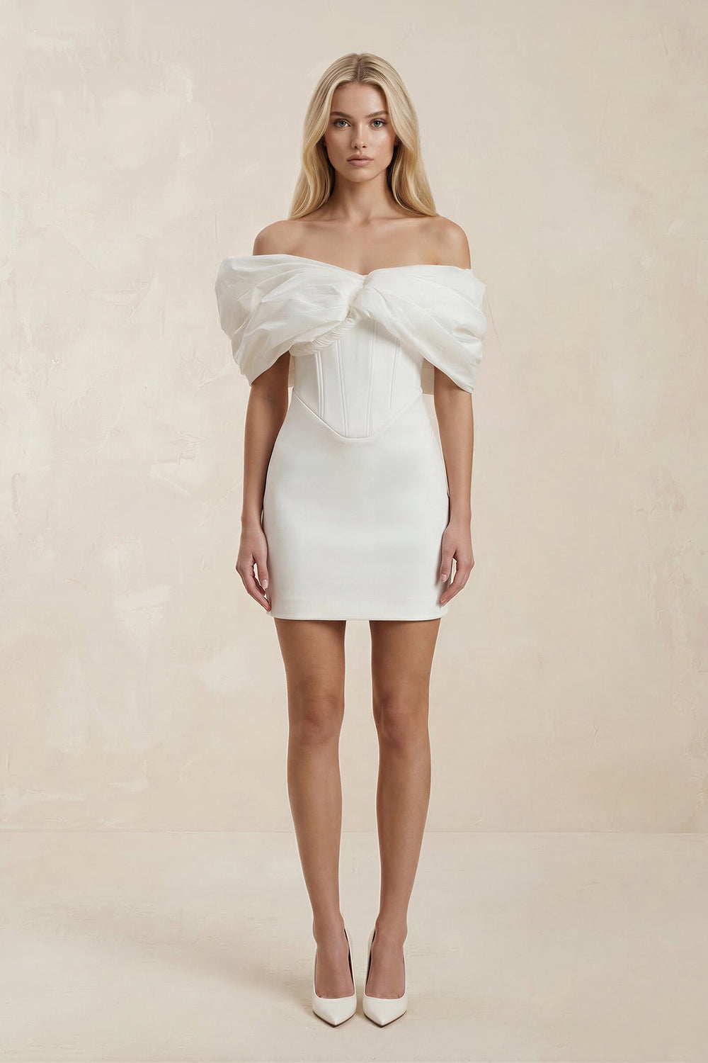 Off - the - Shoulder Sheath Satin Mini Wedding Dress in Ivory - SHE IS ME Wedding Dresses