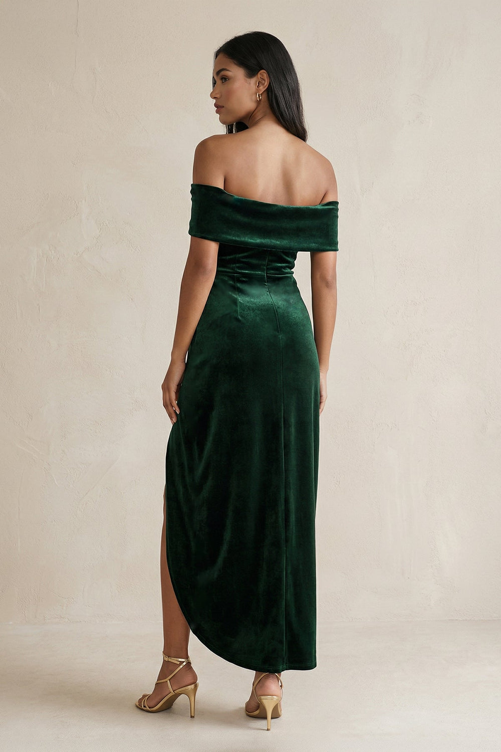 Off - the - Shoulder Sheath Velvet Midi Bridesmaid Dress in Dark Green - SHE IS ME Bridesmaid Dresses