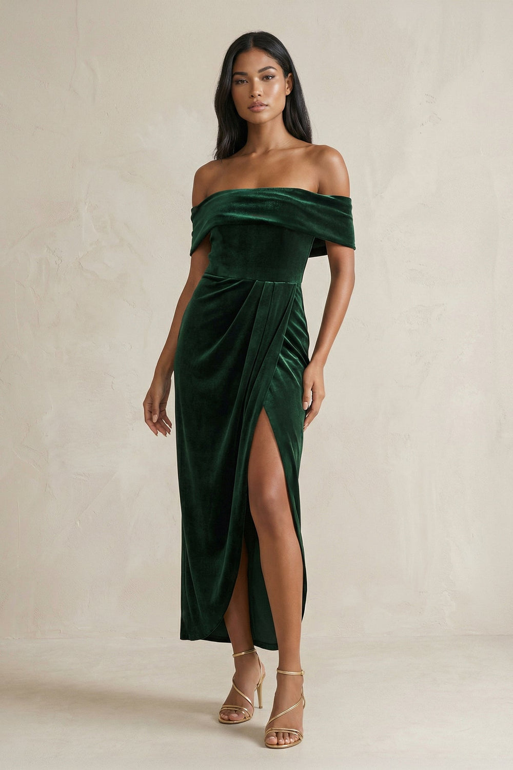 Off - the - Shoulder Sheath Velvet Midi Bridesmaid Dress in Dark Green - SHE IS ME Bridesmaid Dresses