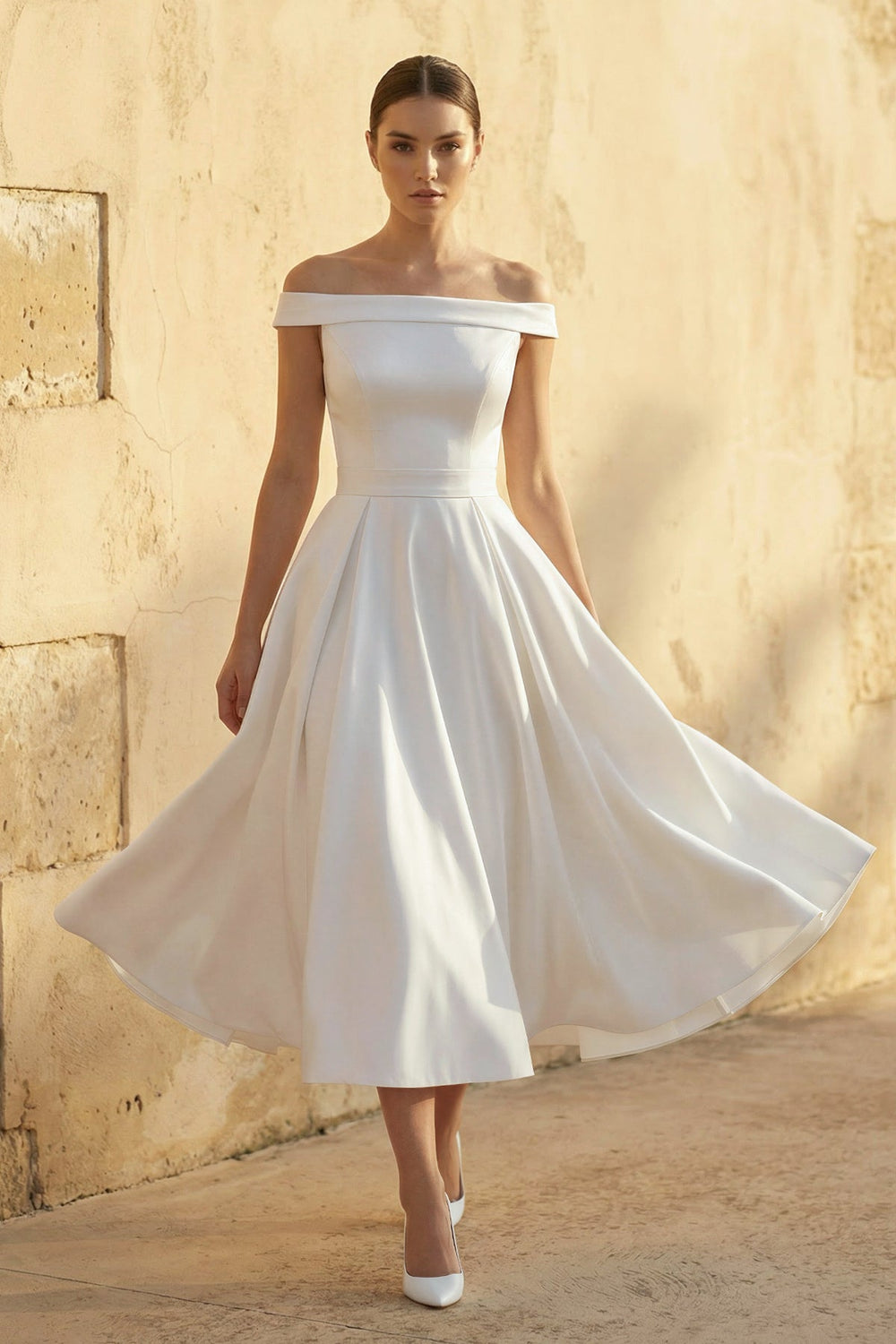 Off - The - Shoulder Sleeveless Satin Wedding Dress in White - SHE IS ME Wedding Dresses