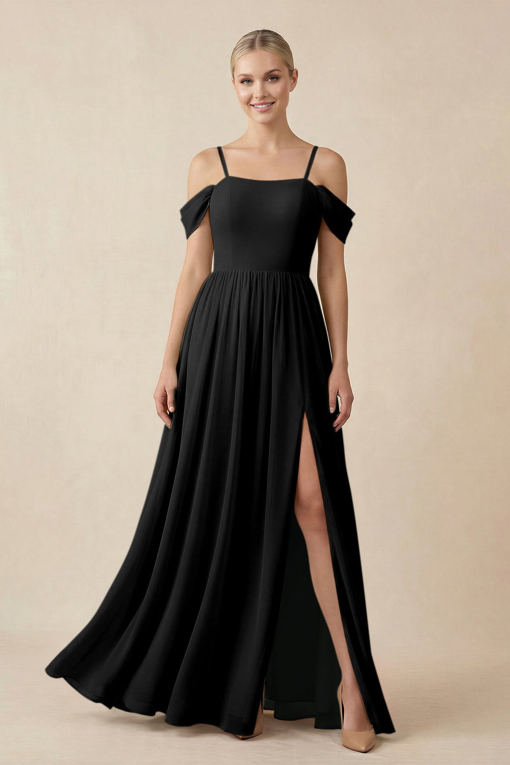 Off - the - Shoulder Sweetheart A - Line Chiffon Bridesmaid Dress in Black - SHE IS ME Bridesmaid Dresses