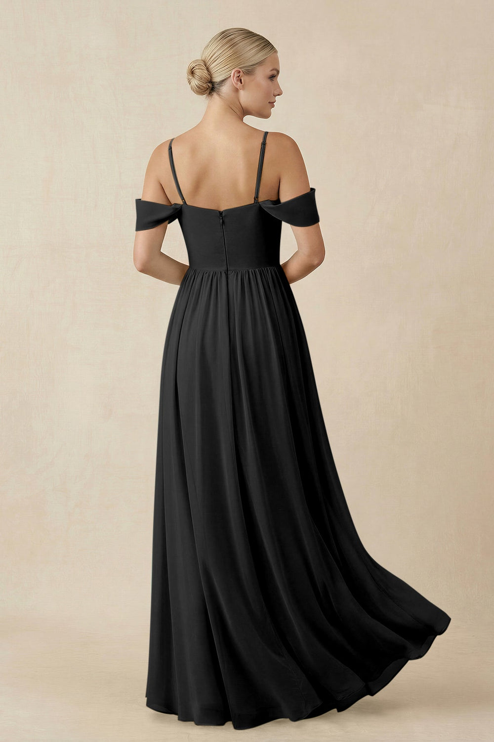 Off - the - Shoulder Sweetheart A - Line Chiffon Bridesmaid Dress in Black - SHE IS ME Bridesmaid Dresses