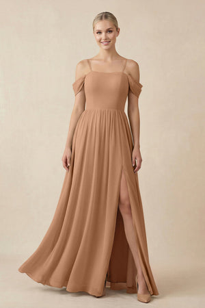 Off - the - Shoulder Sweetheart A - Line Chiffon Bridesmaid Dress in Bronzer - SHE IS ME Bridesmaid Dresses