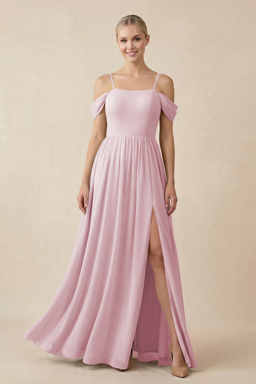 Off - the - Shoulder Sweetheart A - Line Chiffon Bridesmaid Dress in Candy Pink - SHE IS ME Bridesmaid Dresses