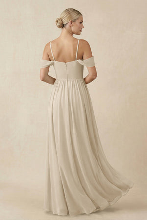 Off - the - Shoulder Sweetheart A - Line Chiffon Bridesmaid Dress in Champagne - SHE IS ME Bridesmaid Dresses